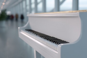 minimalistic image featuring grand piano under soft ambient light with blurred people in background