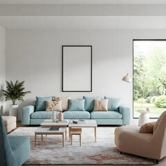 Fototapeta premium Frame mockup, ISO A paper size. Living room wall poster mockup. Interior mockup with house background. Modern interior design. 3D render