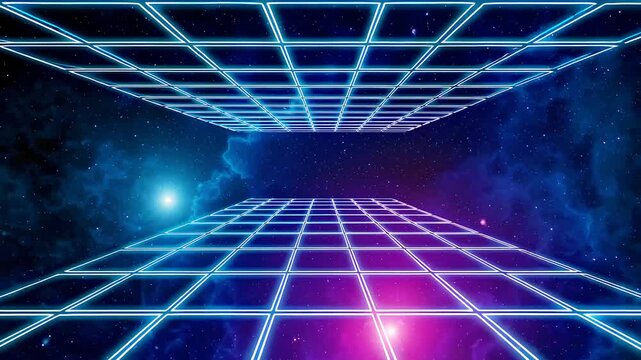 Futuristic Grid Landscape with Neon Glow in Cosmic Space