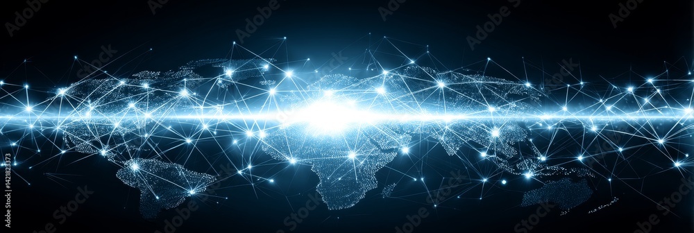 Poster global network connection - abstract depicting a worldwide network connection, showcasing data flow 