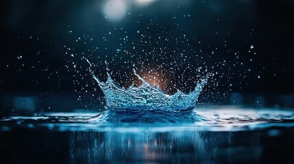 Water splash crown on dark surface, dynamic water droplet impact, creative background, for use in advertising/design