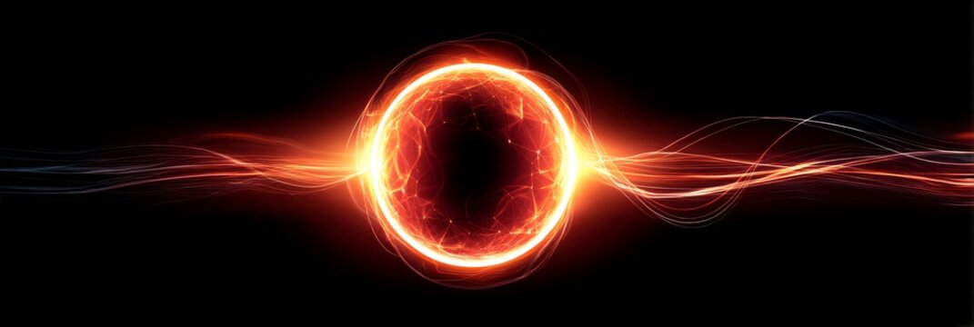 Glowing Energy Orb and Waves - Abstract of a bright orange energy orb with flowing energy waves on a black background. Ideal for technology, science, or mystical concepts