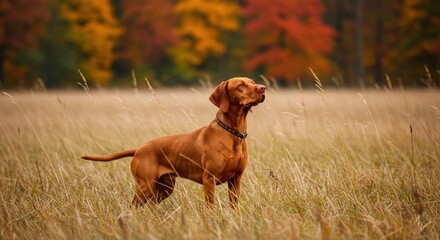 Brown dog stands in a field with autumn trees in the background.