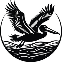 Obraz premium Black and White Pelican in Flight Vector Illustration: Bird Over Water Graphic, Wildlife Art, Coastal Design Element