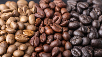 Naklejka premium Freshly roasted coffee beans close up macro shot for coffee lovers and cafe shop brown light dark aroma