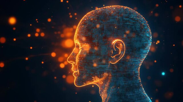 Futuristic Digital Human Head with Glowing Binary Code