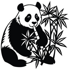 Panda Bear Eating Bamboo Vector Illustration: Black and White Clipart Graphic of Cute Animal, Bamboo Forest, Asian Wildlife, Nature Art