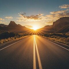 Highway to Heaven, Golden Sunset Illuminating the Open Road Ahead