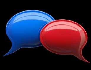 Red and blue glossy speech bubbles isolated on black background. Communication concept.