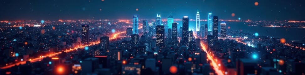 Fototapeta premium Night cityscape, complex financial graph overlay, glow, development, analytics