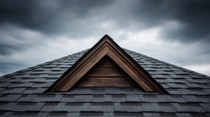 Gray Shingle Roof Peak and Wooden Gable - Architectural detail, roofline, grey shingles, wood trim, storm clouds; symbolizing protection, structure, stability, craftsmanship, and weather resistance