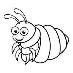 Cartoon millipede illustration with a cheerful expression in black and white outline style