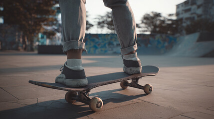 Fototapeta premium Skateboarder riding skateboard at skatepark for sport and recreation urban lifestyle skateboarding extreme sport