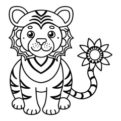 Fototapeta premium Cartoon tiger cub coloring page with sunflower tail illustration for children education