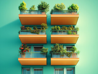 Art deco-inspired green building, symmetrical balconies with potted plants, elegant lines and modern sustainability