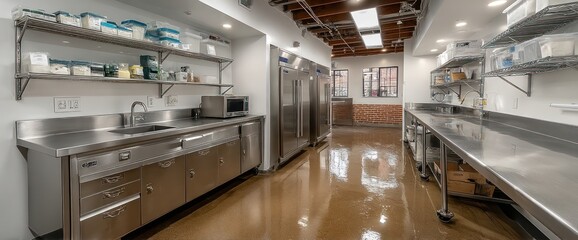 Commercial Kitchen Interior with Stainless Steel Appliances