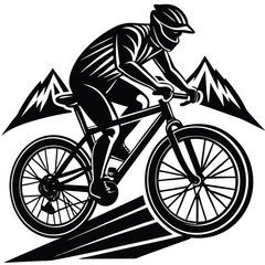 Naklejka premium Mountain Biker Vector Illustration: Black and White Graphic of Cyclist Riding Bike in Mountains for Sport, Adventure, and Outdoor Themes