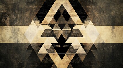Geometric abstraction in shades of black and gold, forming triangle patterns on a textured, aged background