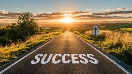 The road to success leads through beautiful landscapes at sunset