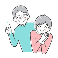 サムズアップするメガネの男性と喜ぶ女性 シニア夫婦のイラスト
