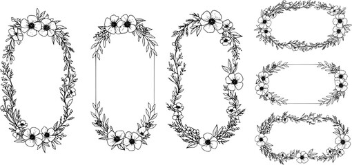 Obraz premium Collection of floral frames, borders and corners. Hand drawn botanical flowers elements in line art and silhouette style. Good for gift cards, invitations, menu, certificates and graphic design