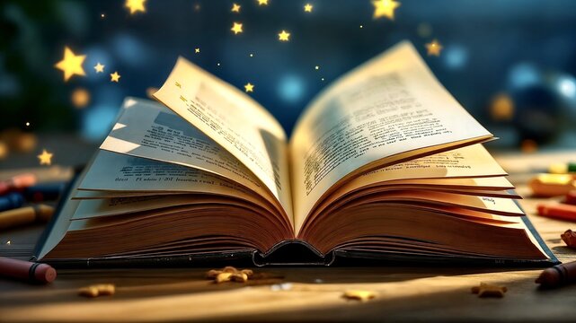 World Book Day. Open book on a wooden table is surrounded by glowing stars, crayons, and a magical atmosphere, evoking a sense of wonder and imagination