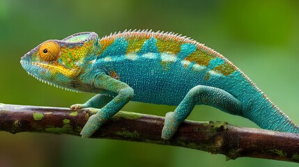 Chameleon in the wild: Capturing the exquisite detail of a vibrant chameleon as it gracefully perches on a delicate branch, surrounded by the lush embrace of its natural environment.