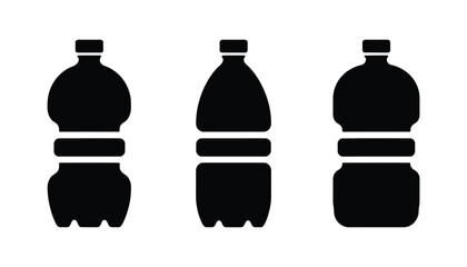 Plastic Water Bottle Silhouette Icon Set, Black Vector Illustration for Packaging and Beverage Design
