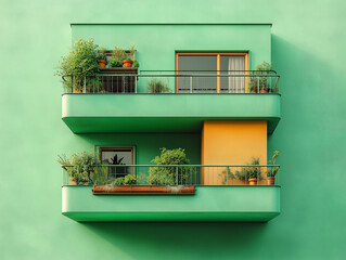 Art deco-inspired green building, symmetrical balconies with potted plants, elegant lines and modern sustainability