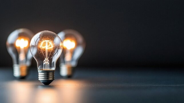 Three glowing light bulbs are arranged artistically against a dark background, showcasing their intricate filaments and creating a warm ambiance. - Powered by Adobe