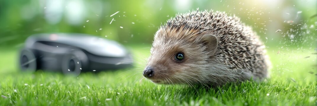 Hedgehog Safety and Robotic Lawnmowers - A hedgehog in danger, symbolizing wildlife, technology, nature, safety, and responsibility. Protecting animals in our gardens