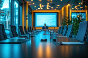Conference room setup with a long table chairs presentation screen and lighting
