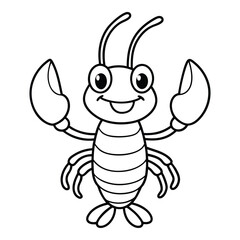 Cute cartoon lobster illustration in black and white outline style for coloring books and activities