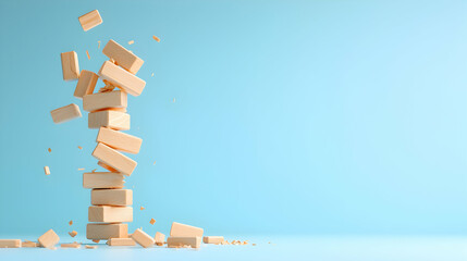 Falling Beige Blocks Tower on Light Blue Background