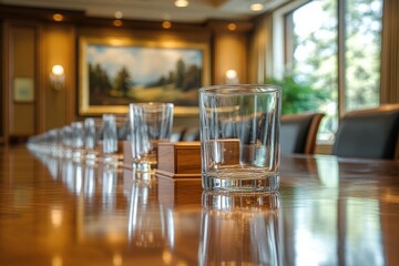 Meeting table with water glasses ready for a conference Business setup Indoors
