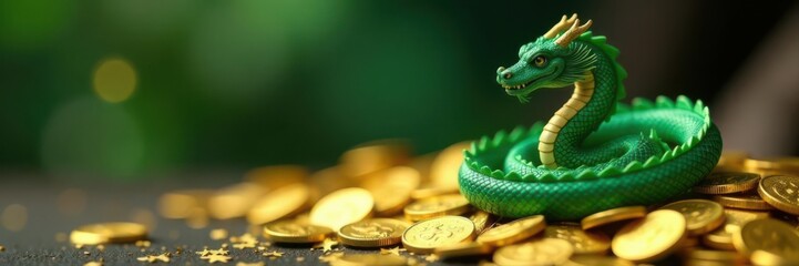 Fototapeta premium Emerald dragon coiled atop glittering gold coins, gold coin, power