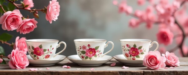 Pastel pink floral display with fine bone china teacups on aged wood Lunar New Year greeting , asia, wood background