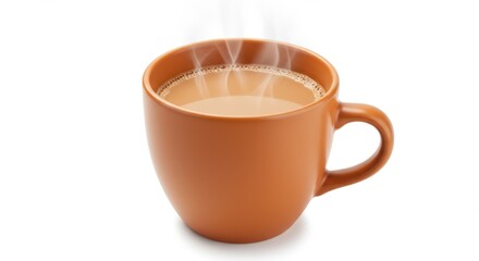 Ceramic cup filled with a steaming hot beverage is shown against a white background