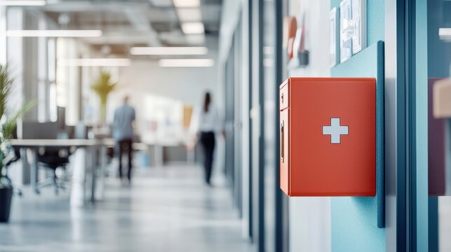 A modern office interior featuring a red first aid kit mounted on the wall, with blurred figures in the background, emphasizing health and safety in the workplace.