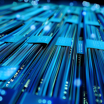 Abstract macro view of parallel blue wires, cables, or circuit pathways with glowing connection points. Represents data transmission, network, or technology.
