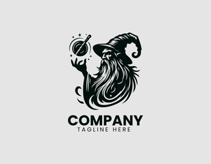 Mystical Old Witch Silhouette Long Beard Spell Stars Vector Logo Design