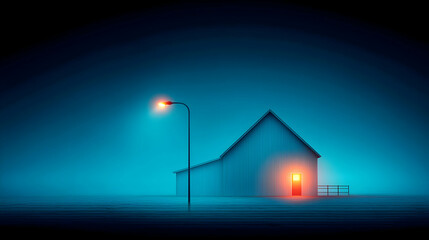 Glowing Door in a Foggy Night Landscape