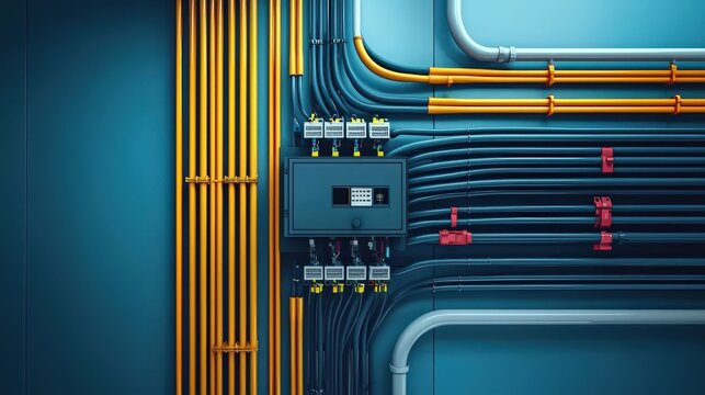 A vibrant display of industrial wiring and control panels, showcasing a structured arrangement of colorful cables against a blue wall.