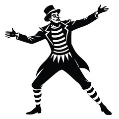Vintage Ringmaster Vector Illustration: Black and White Circus Performer in Top Hat, Striped Outfit, Classic Showman Graphic