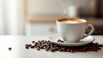 Fototapeta premium Steaming espresso, coffee beans beside it on pristine white background , caffeinated, brown, rich