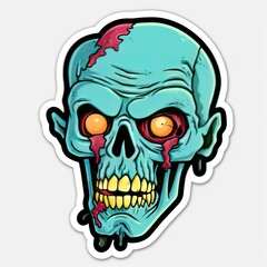 Obraz premium Skull sticker in pop art style on white background. Zombie Sticker isolated on white. Halloween Concept Sticker. Halloween Sticker. 2d illustration for your design.
