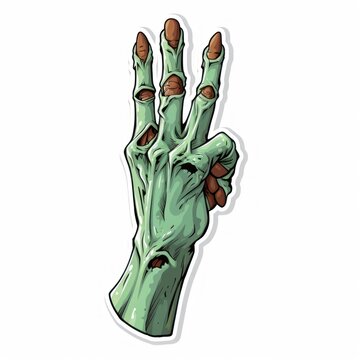 recommend clip art: Zombie hand. Sticker 2d illustration of halloween zombie hand. Zombie Sticker isolated on white. Halloween Concept Sticker. Halloween Sticker. 2d illustration.