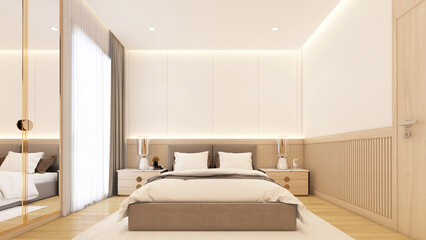 Modern japan style bedroom with wood slat wall and white wall.3d rendering