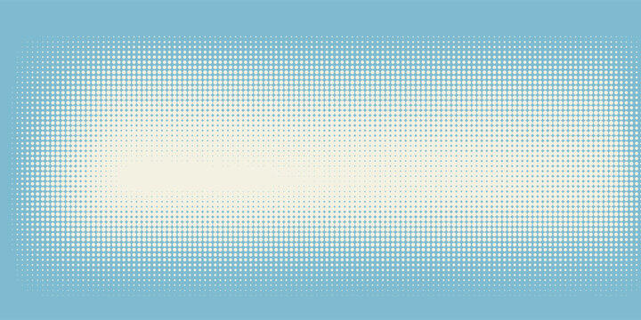 Monochrome blue dot pattern. Wavy gradation frame. Anime curve backdrop. Duotone fade gradient. Halftone pop art background. Banner with half tone effect. Cartoon print. Vector illustration