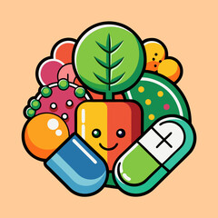 Colorful Cartoon Illustration of Medicine, Food, and Health Concepts for Wellness